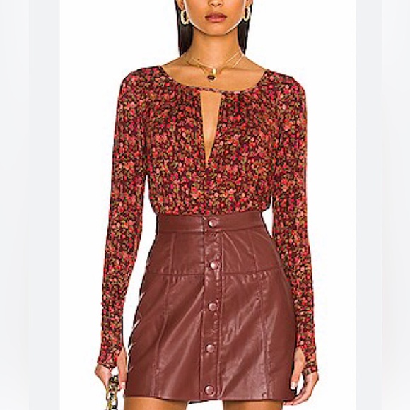 FREE PEOPLE  Kaya Brown Floral Print Long Sleeve Bodysuit - Picture 4 of 10